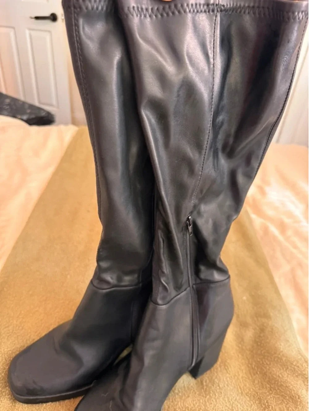 Chic Black Faux Leather Knee-High Platform Block Heel Boots